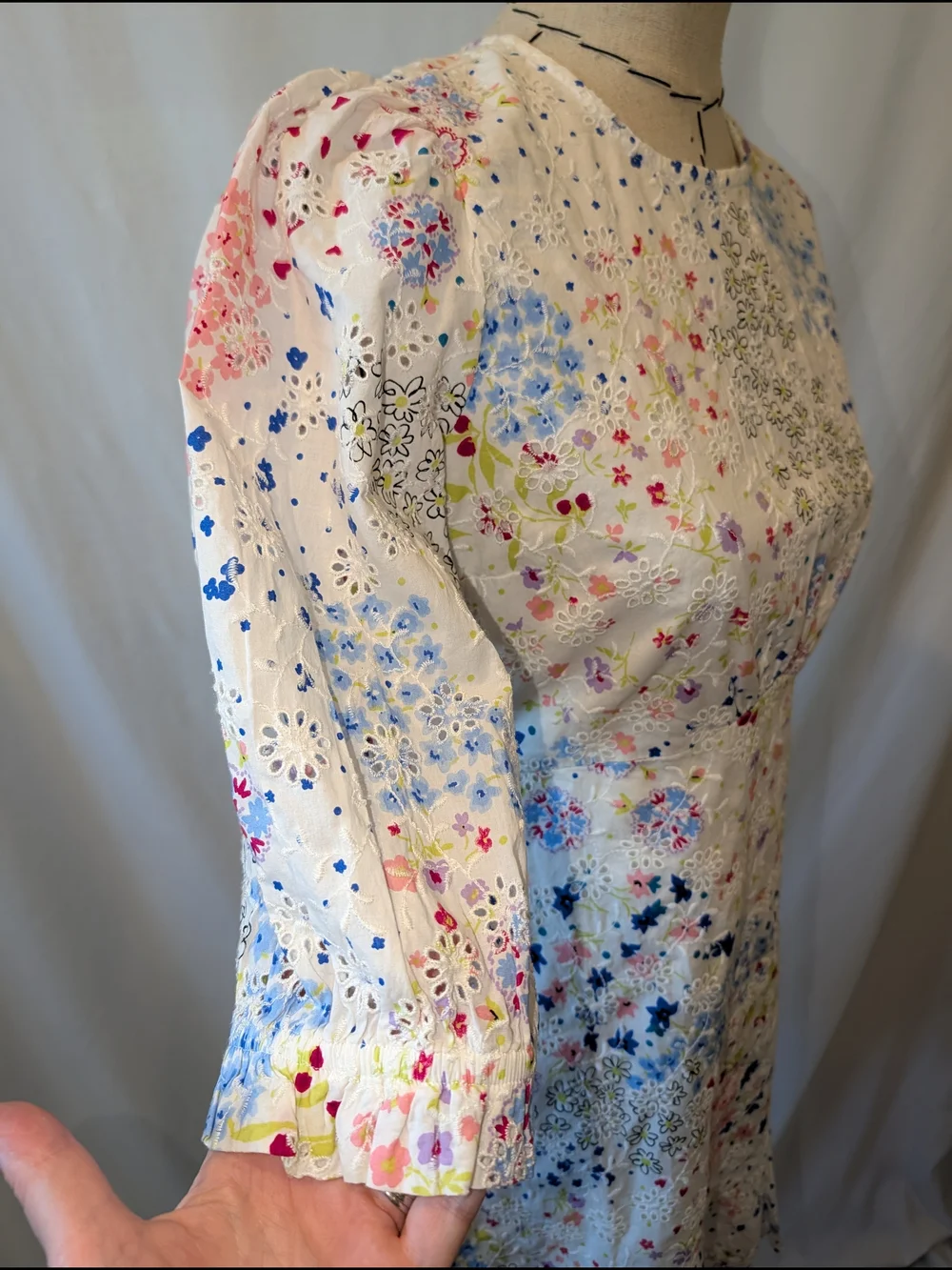 White Floral Midi Dress Eyelet, Blue pink‎ yellow embroidery ruffle 100% cotton